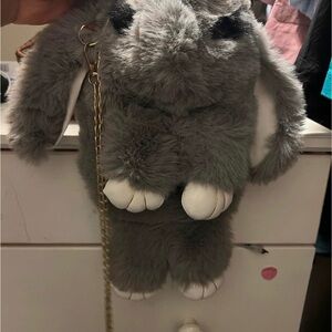 Gray Plush Bunny Bag with Chain Strap